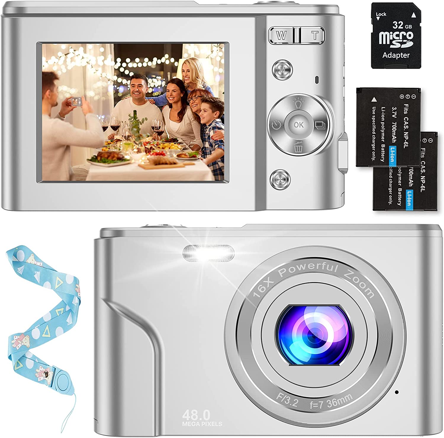 Digital Baby Camera for Kids Boys Girls Adults,1080P 48MP Kids Camera with 32GB SD Card,2.4 Inch Kids Digital Camera with 16X Digital Zoom, Compact Mini Camera Kid Camera for Kids/Teens（Silver）