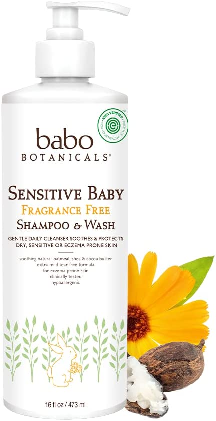 Babo Botanicals Sensitive Baby Fragrance-Free 2-in-1 Shampoo & Wash - with Natural Oat Protein, Shea & Cocoa Butter - EWG Verified & Hypoallergenic - 16 fl. oz.