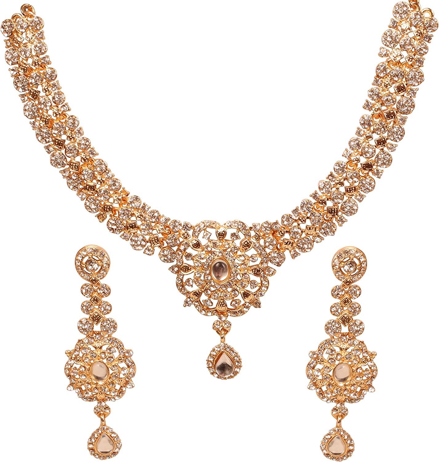 Touchstone Indian Bollywood enchanting floral diamond studded look Rhinestone embellished bridal designer jewelry necklace set for women in silver or white tone.