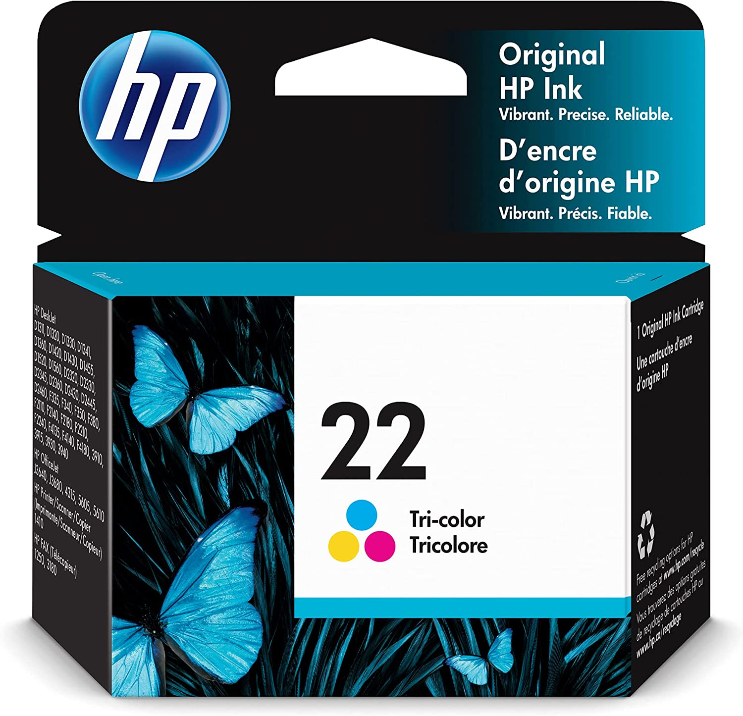 HP 22 Tri-color Ink Cartridge | Works with DeskJet D1300, D1400, D1500, D2300, D2400, F300, F2100, F2200, F4100, 3900; OfficeJet J3600, 4315, 5600; PSC 1410; Fax 1250, 3180 Series | C9352AN