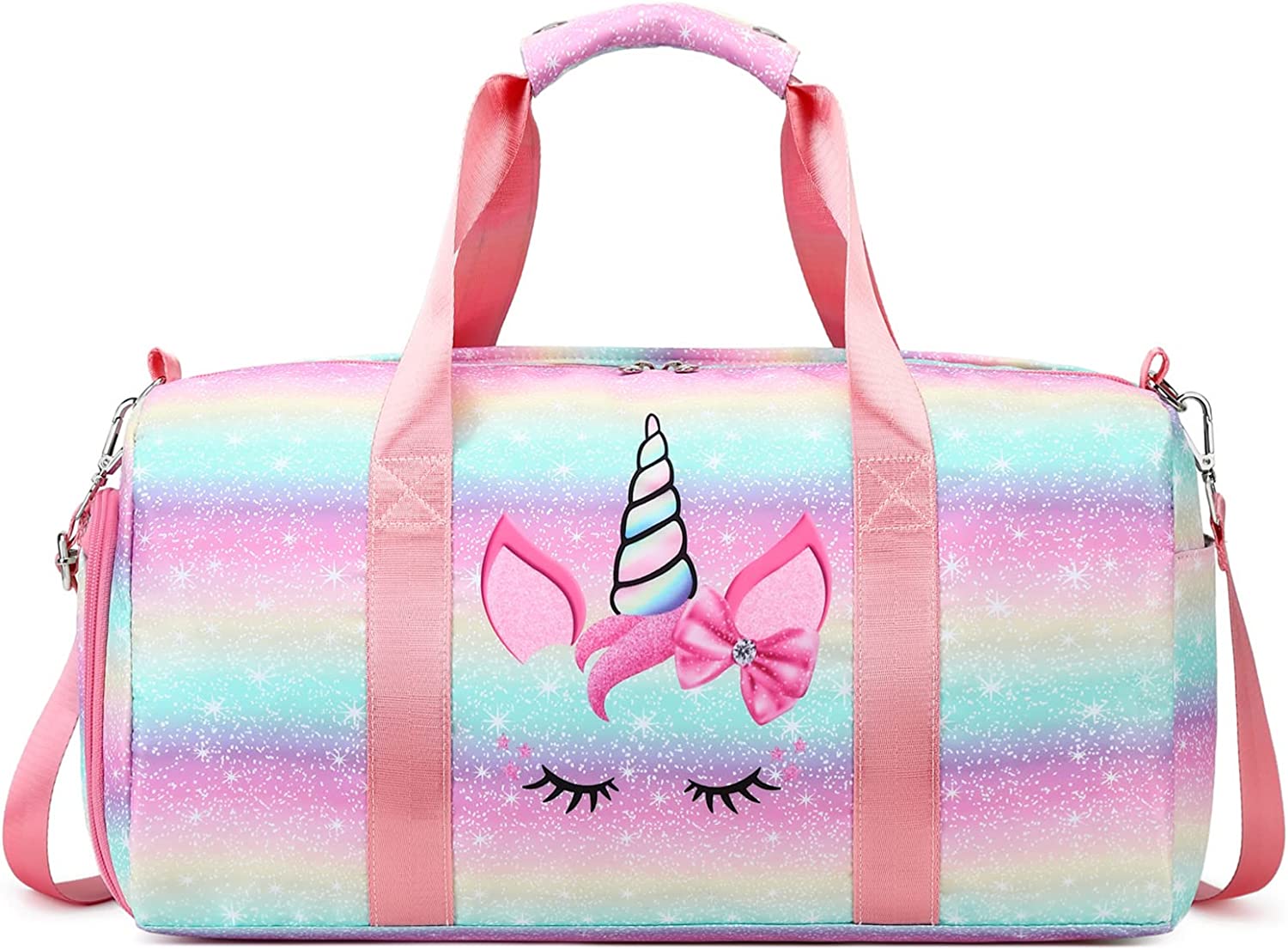 Dance Bag Girls Gymnastics Bag Kids Overnight Duffle Bag Unicorn Gym Sports Ballet Bag with Shoe Compartments, Kids Travel Weekender Sleepover Carry On Bag