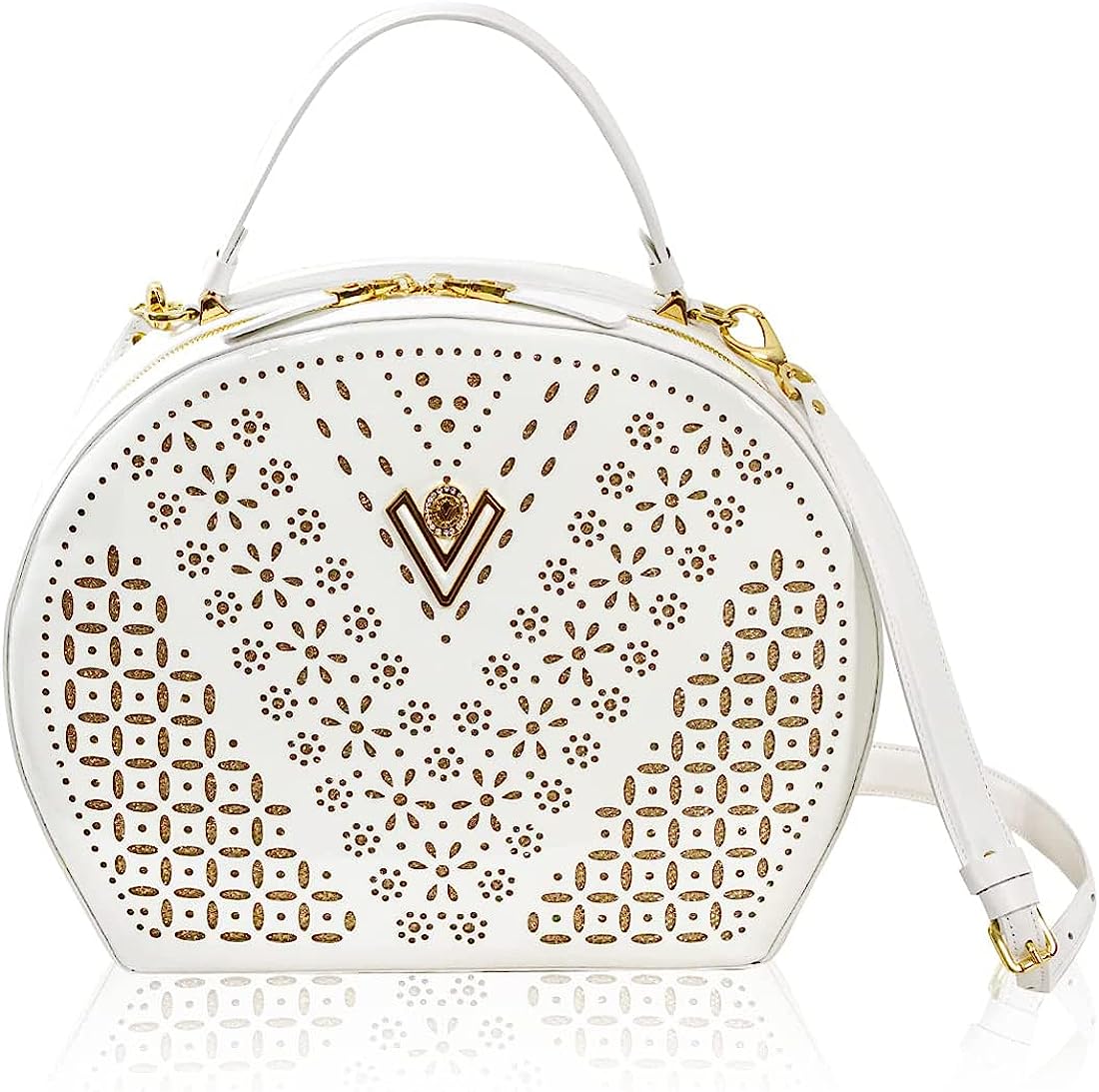 Valentino Orlandi Women's Large Handbag Italian Designer Purse Bowling Bag Top Handle Alabaster Embroidered Genuine Patent Leather Bag in Laser Cut Gold Design