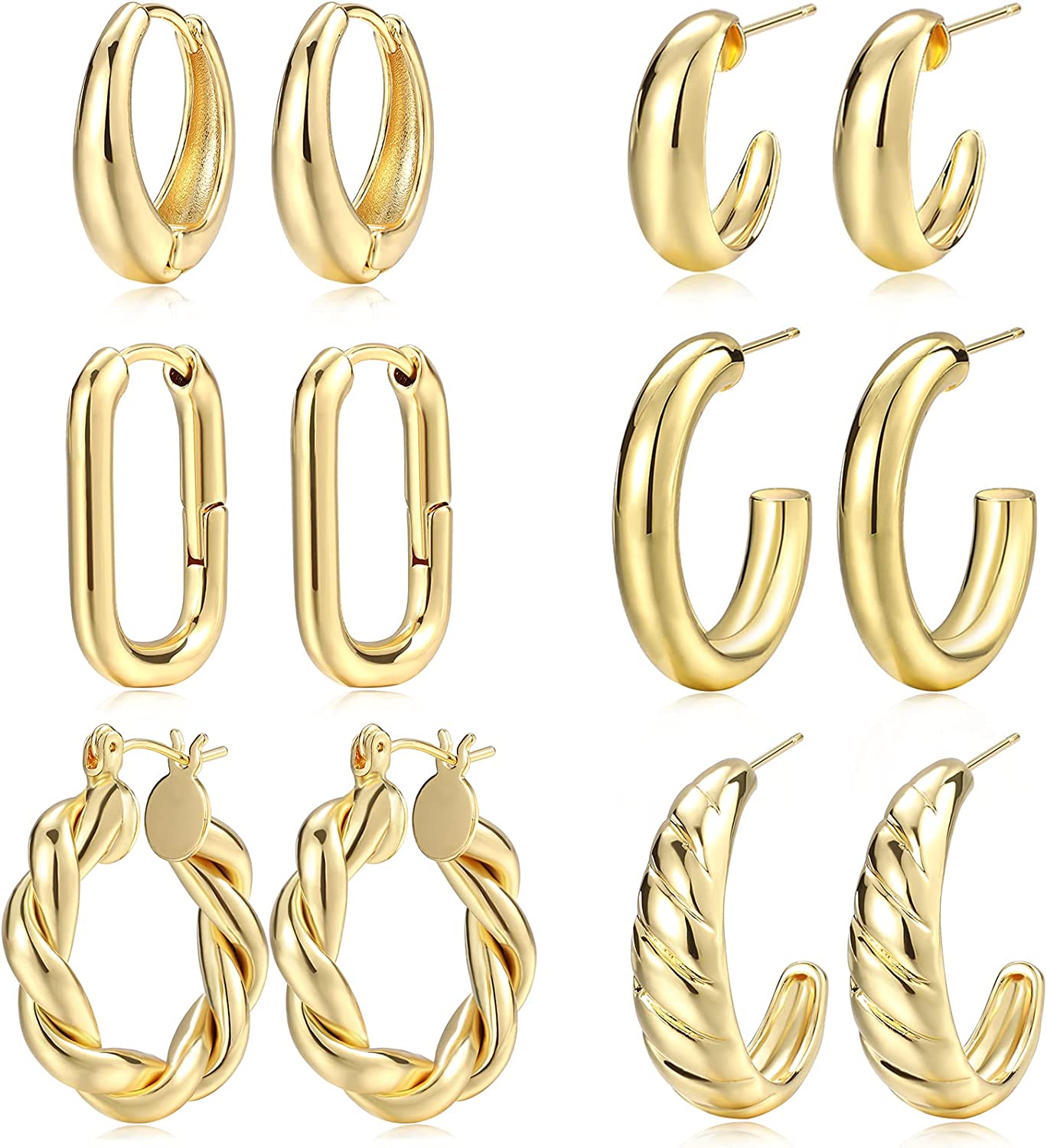 Gold Hoop Earrings Set for Women, 14K Gold Plated Lightweight Hypoallergenic Chunky Open Hoops Set for Gift