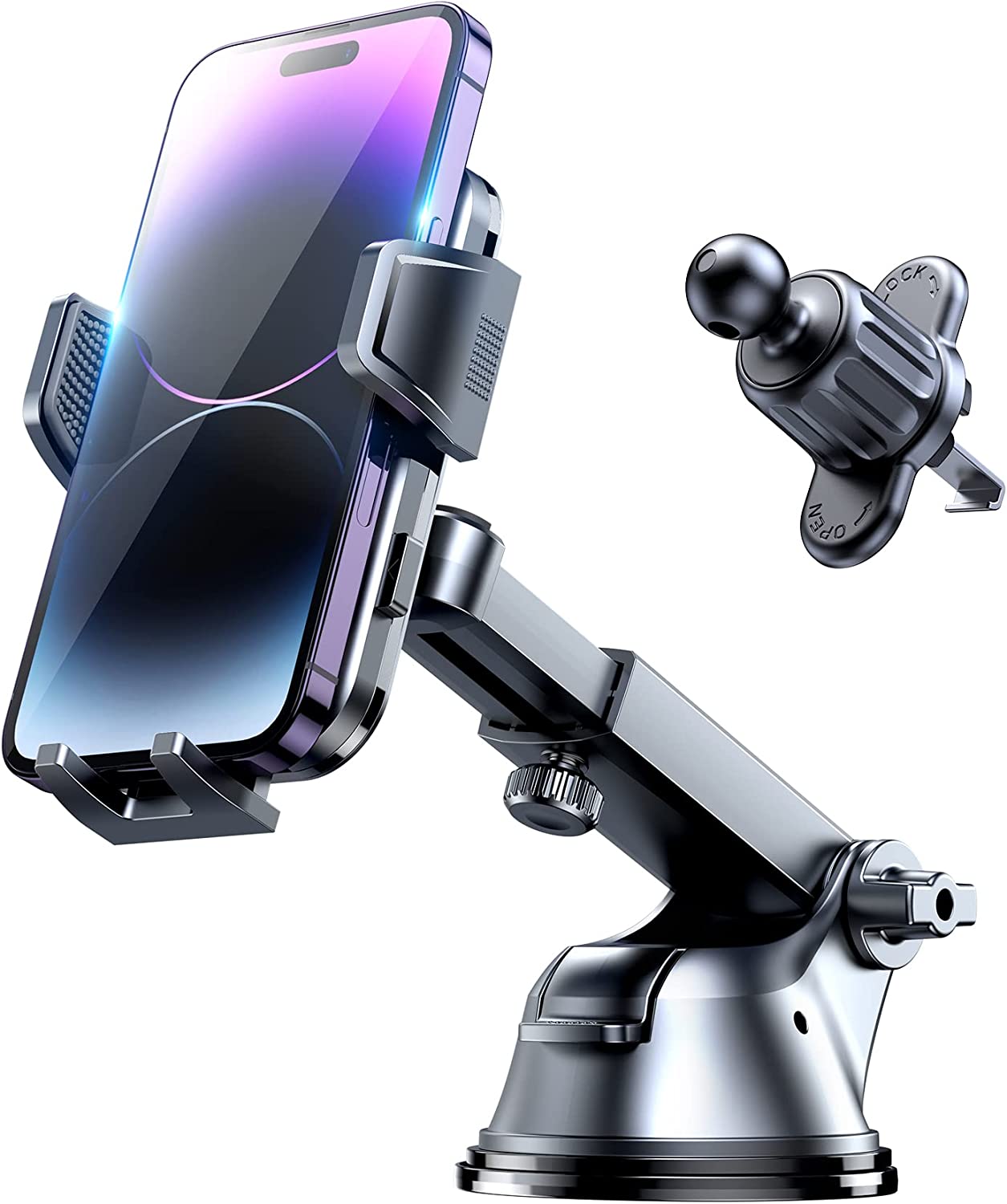 ADIUPUL Car Phone Holder Mount, Phone Mounts for Car 3 in 1 Universal Car Mount, Easy Clamp Hands Free Universal Fit for Dashboard Windshield Vent iPhone Samsung and More Phones