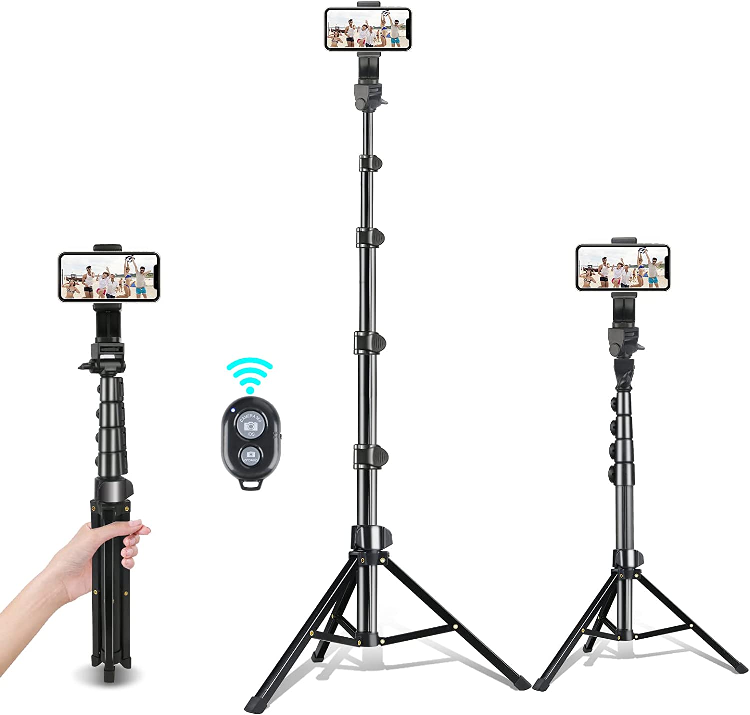 67" Phone Tripod, Extendable Tripod with Wireless Remote & Cell Phone Holder, Cell Phone Tripod Perfect for Selfies, Video Recording, Live Streaming, Compatible with Smartphone & Camera