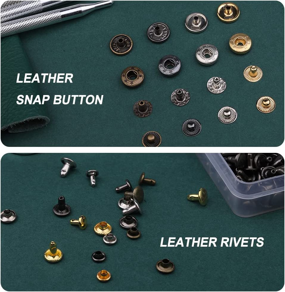 Yizzvb 320 Pcs Leather Rivets Kit， 60 Pcs Leather Snap Fasteners， 2 Size Leather Rivets Double Cap Rivet Kit， Double-Sided Nylon Hammer， 5 Pcs Installation Tools for Leather DIY Projects