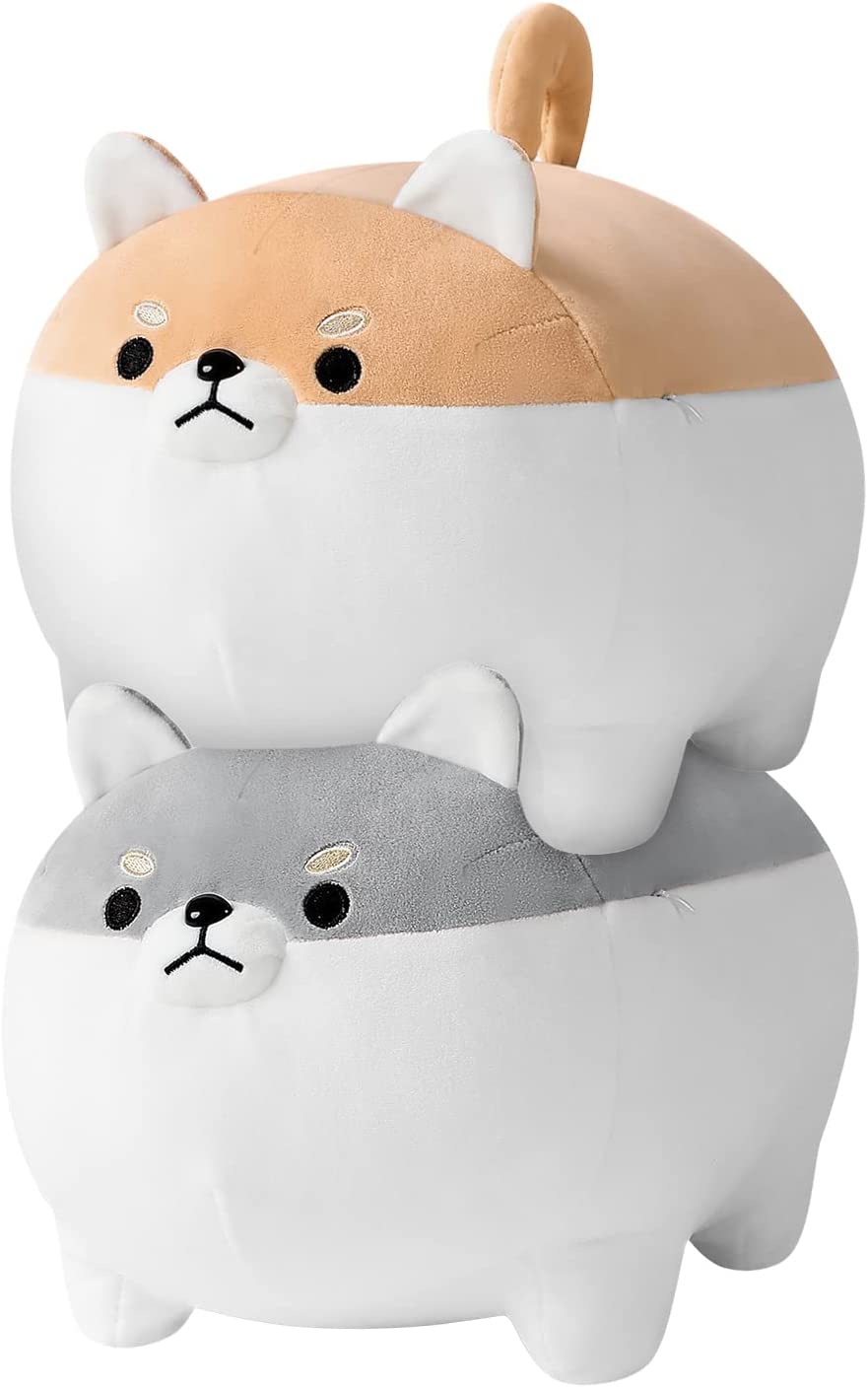 Ditucu 2Pcs Shiba Inu Stuffed Animal Toy Cute Anime Corgi Akita Dog Plush Pillow Kawaii Plushie Best Gifts for Kids Brown and Grey 15.7 inch