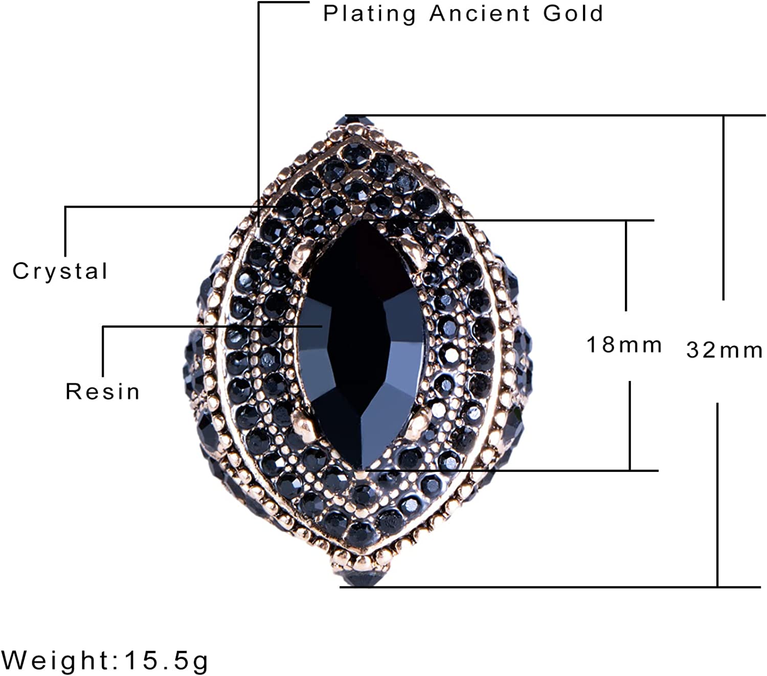 CKHAO Women Ring - 32mm Big Size Antique Gold Plated Turkish Style Black Gemstone Vintage Ring Women Jewelry J0769BLK