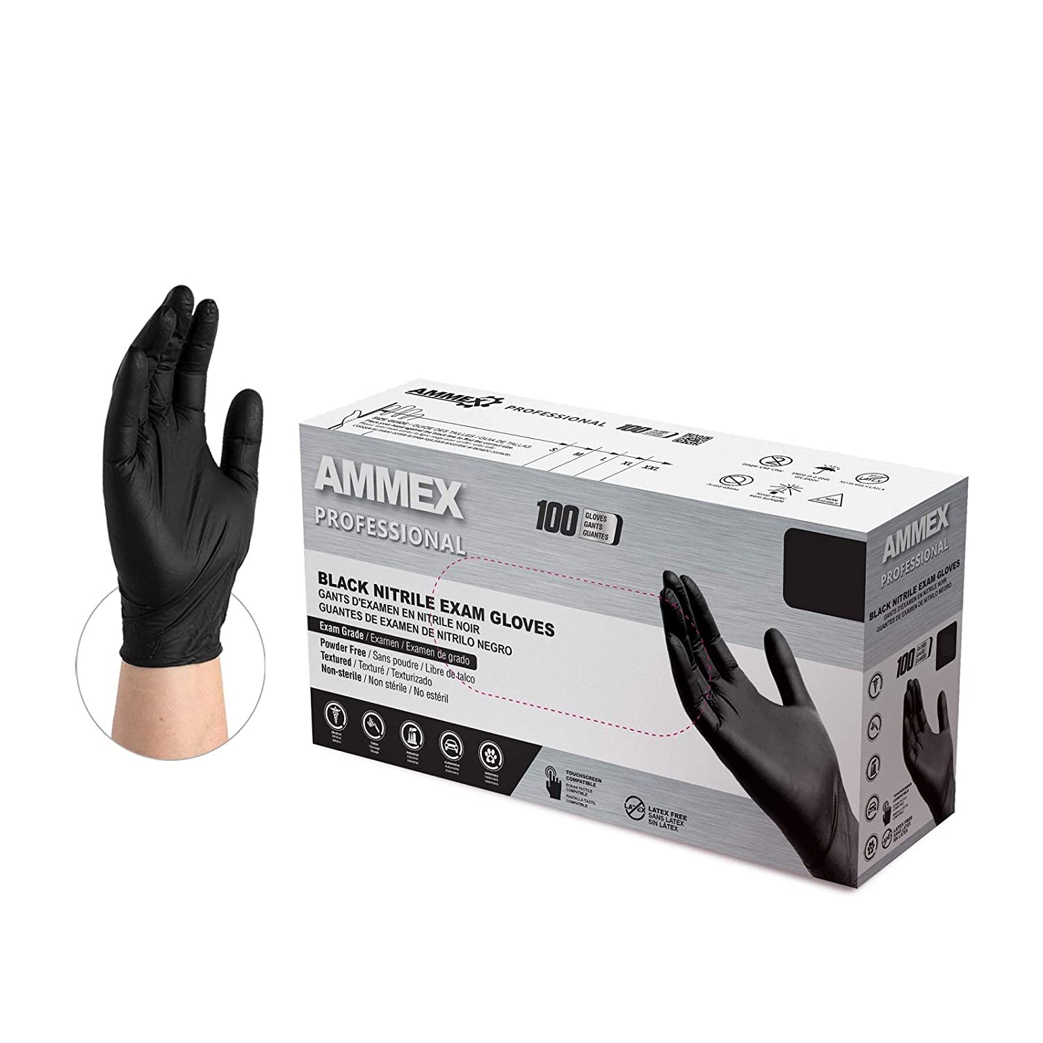 AMMEX Medical Black Nitrile Gloves, Box of 100, 4 mil Size Large, Latex Free, Powder Free, Textured, Disposable, Non-Sterile, ABNPF46100-BX