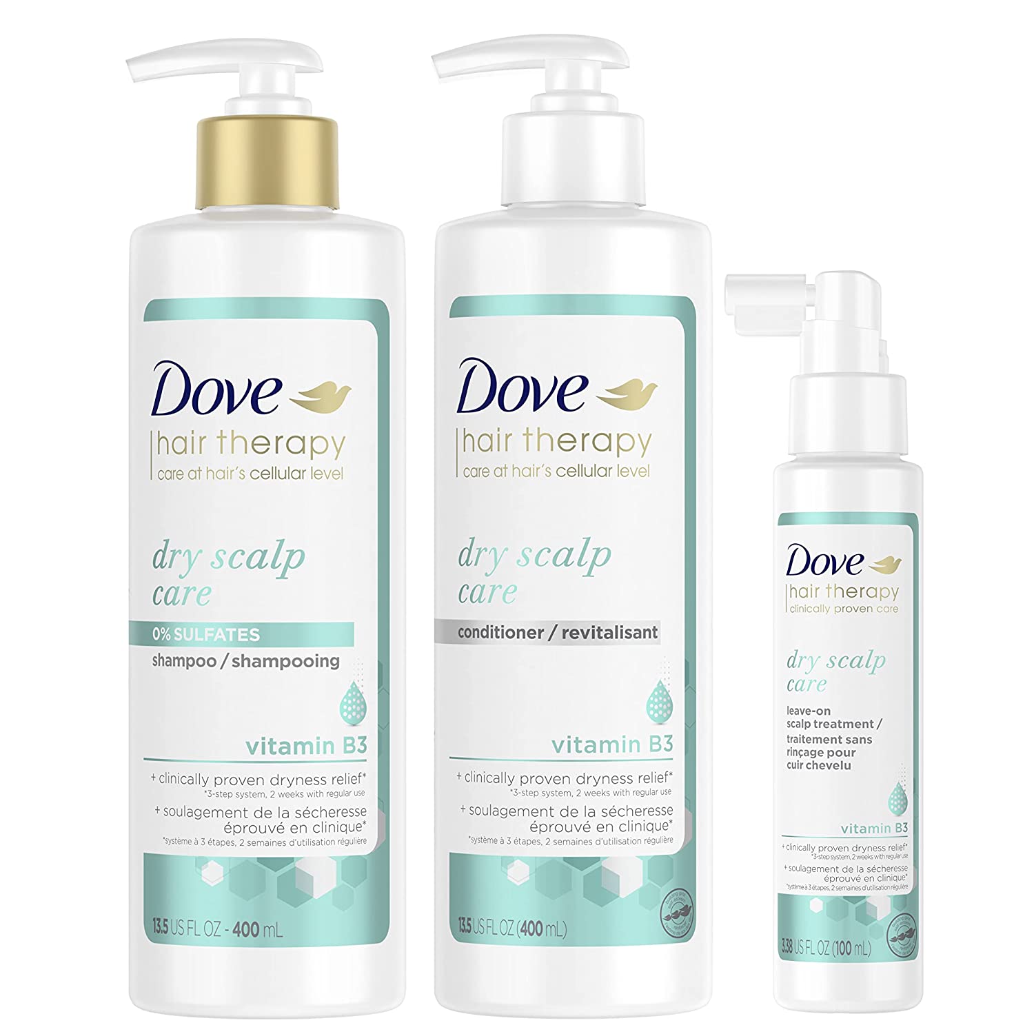 Dove Hair Therapy Regimen Hair Set for Dry Scalp Shampoo, Conditioner and Leave-On Scalp Treatment with Vitamin B3 3 Count