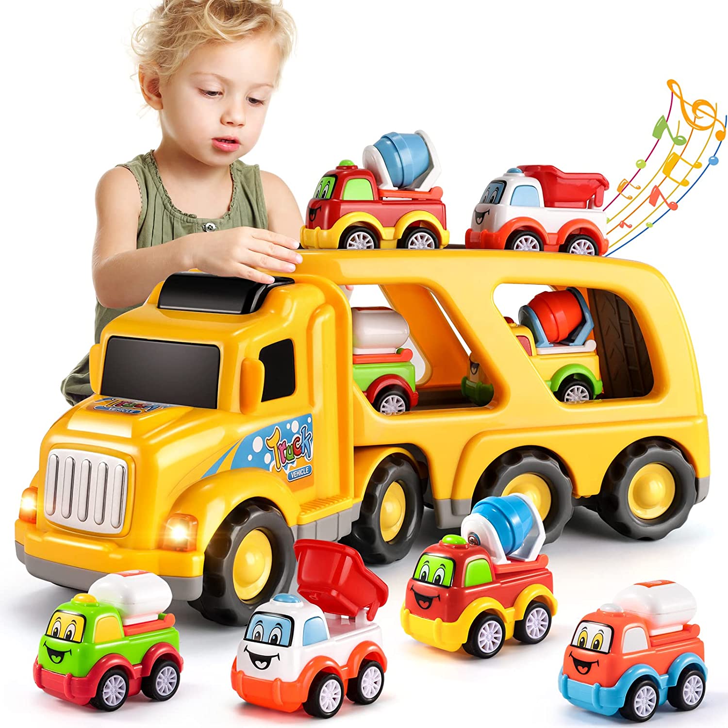 TEMI Construction Truck Toys for 3 4 5 6 Year Old Boys, 5-in-1 Friction Power Toy for Kids 3-5, Carrier Truck Cars for Toddlers 3+, Kids Toys Set for Age 3-9, Christmas for 3+