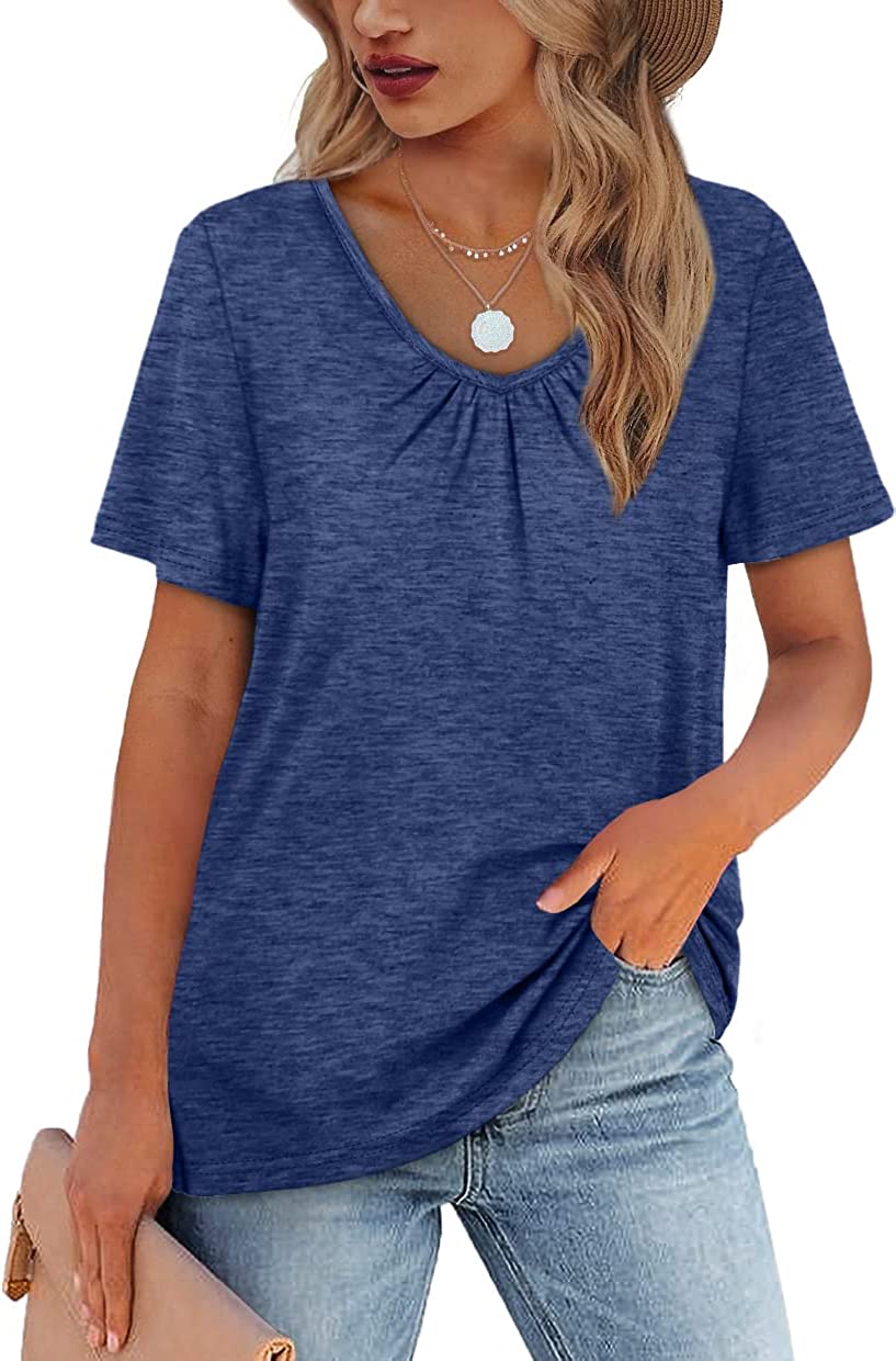 WIHOLL Women's Shirred V-Neck T-Shirts Short-Sleeve Casual Summer Tops
