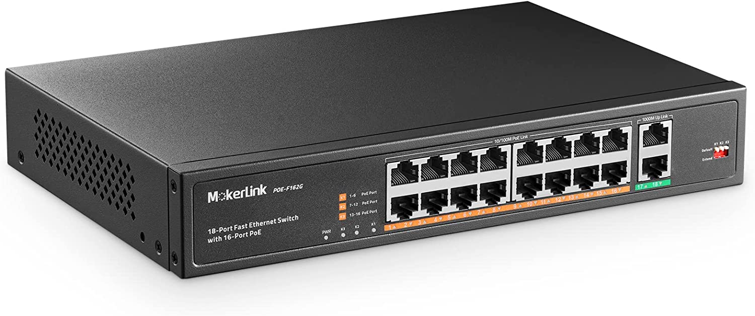MokerLink 16 Port PoE Switch with 2 Gigabit Uplink Ethernet Port, 250W High Power, Support IEEE802.3af/at, Rackmount Unmanaged Plug and Play
