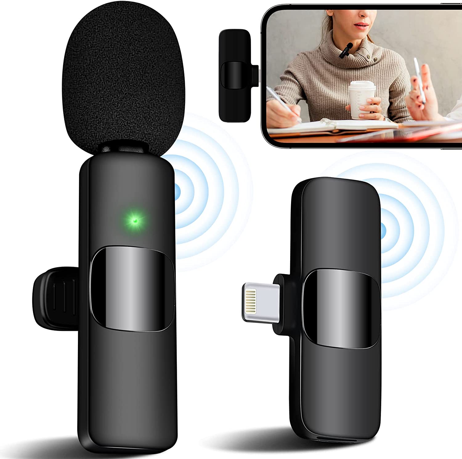 Wireless Microphone for iPhone iPad iPod, Professional Wireless Clip-on Mic, Portable Wireless Lavalier Microphone, Plug-Play Microphone for Video Recording, TikTok, Facebook, YouTube,Live Stream