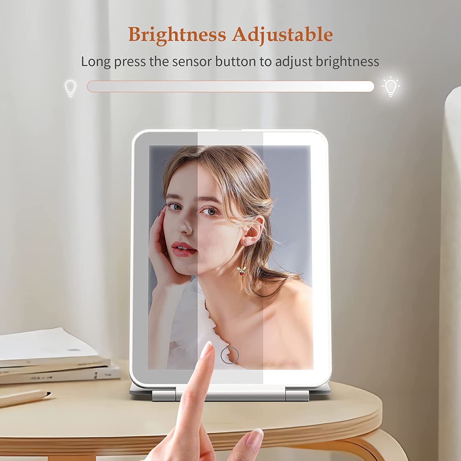 Zelaxy Rechargeable Travel Makeup Vanity Mirror with 72 LED Lights, Portable Lighted Makeup Mirror with 3 Color Lighting, Touch Sensor Dimming, Foldable Tabletop Light Up Cosmetic Beauty Mirror