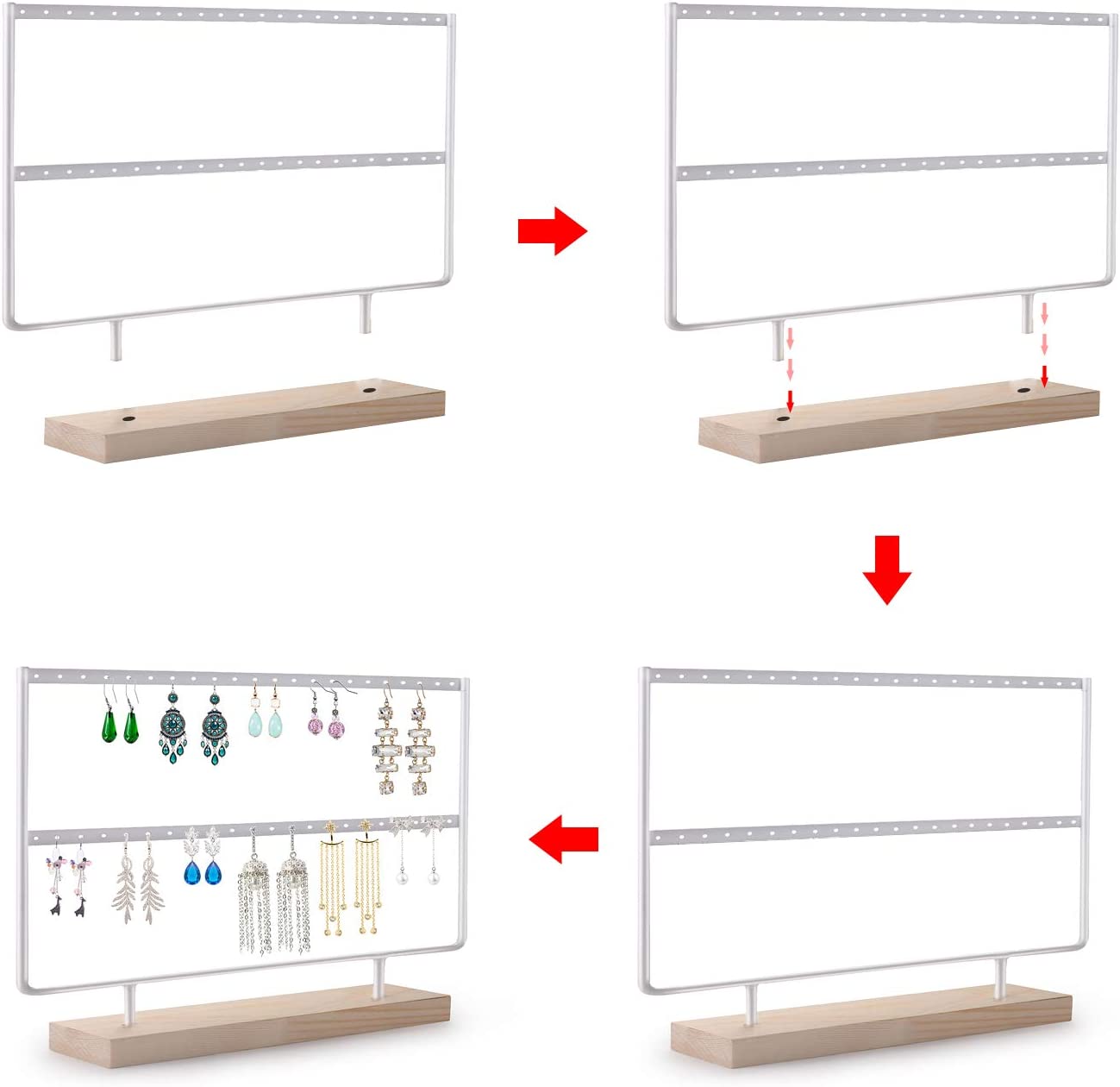 VERGILIUS Earrings Holder Organizer Jewelry Earring Holder Display Wood Stand(46 Holes 2 Layers) (White)