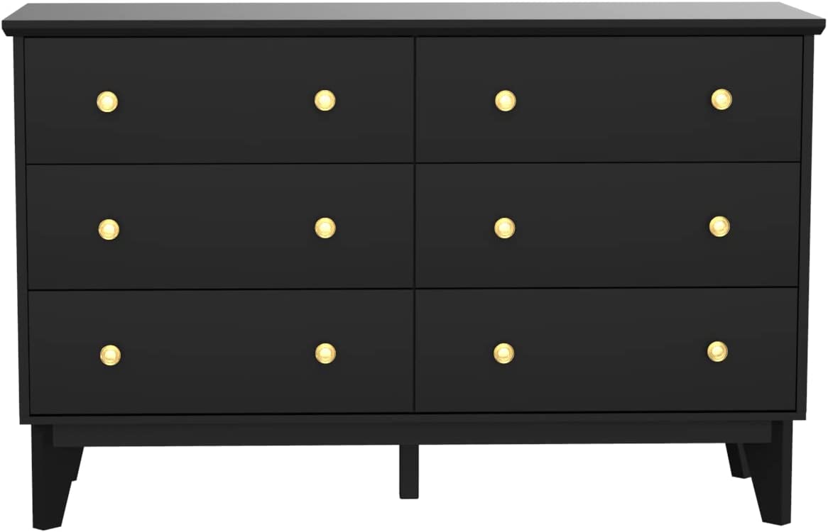 JOZZBY 6-Drawer Black Dresser with Metal Handles，Modern Dresser for Bedroom，Wood Storage Chest of Drawers for Living Room Hallway Entryway