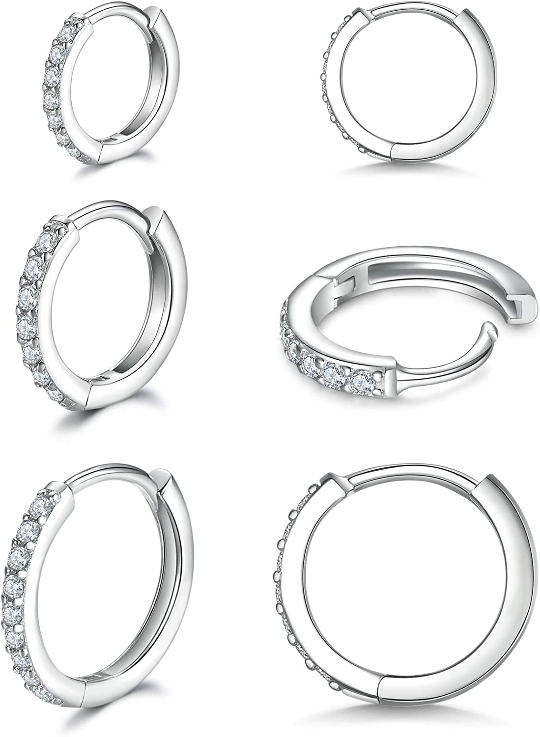 925 Sterling Silver Small Hoop Earrings Cubic Zirconia Huggie Hoop Earrings, 3 Pairs 14K White Gold Plated Cartilage Piercing Earrings Ear Cuff Tiny Hoop Earrings for Women Men