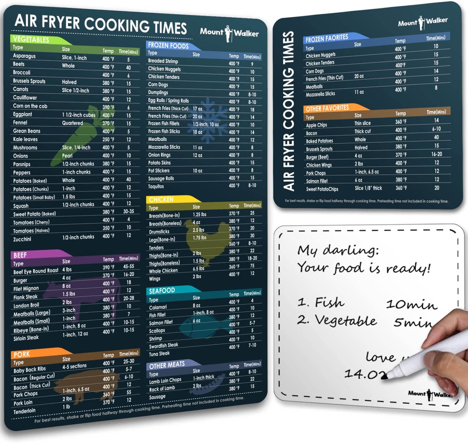 Mount Walker Air Fryer Magnetic Cheat Sheet Set (1 Set of 3 Pcs) - Air Fryer Accessories Recipe Cards, Air Fryer Cookbook with Cook Time, Kitchen Accessories with Dry Erase Fridge Whiteboard, Black