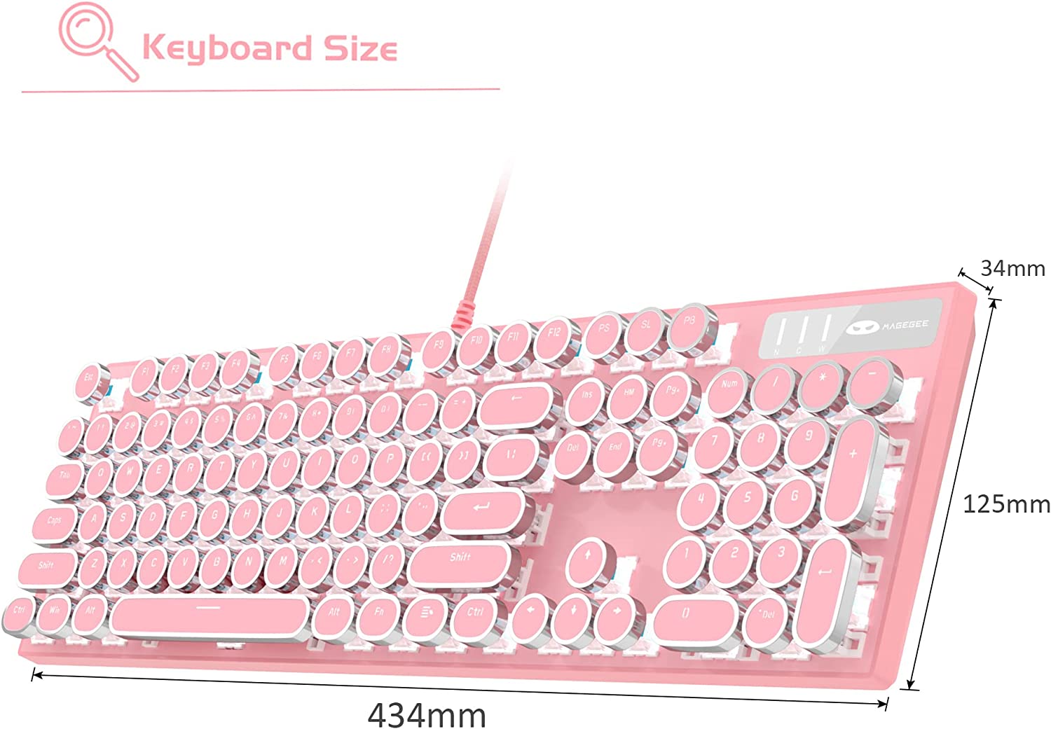 MageGee Typewriter Mechanical Gaming Keyboard, Retro Punk Round Keycap LED White Backlit USB Wired Keyboards for Game and Office, for Windows Laptop PC Mac - Blue Switches/Pink