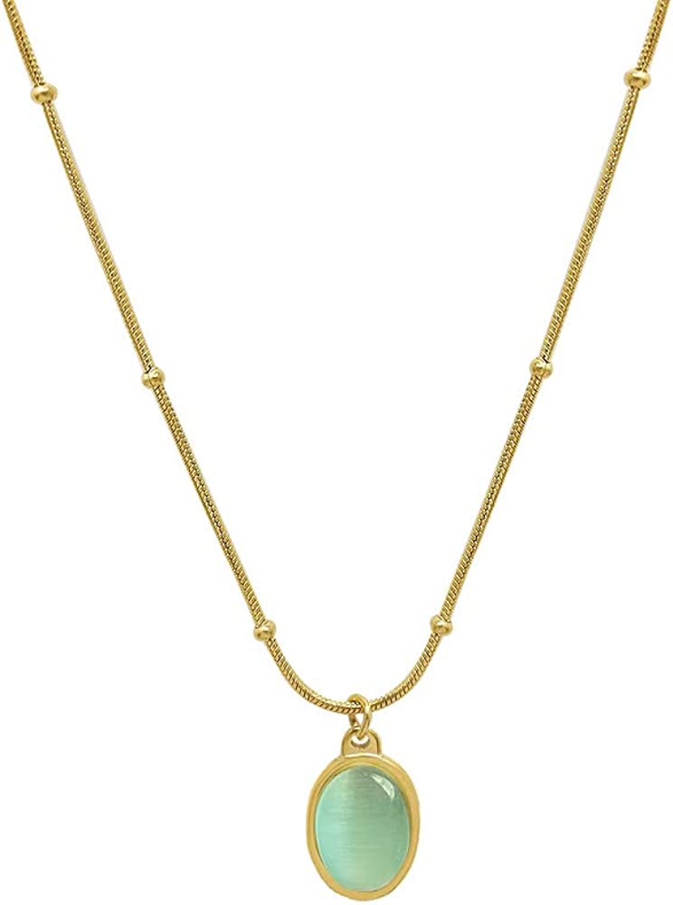 Moonffay Women&#39;s Green Stone Necklace，Charm 18k Gold Plated Stainless Steel Snake Chain Jewelry Bling Drop Pendant Choker Necklaces for Girls