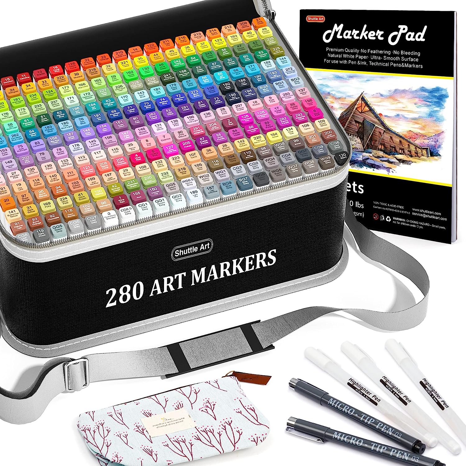 Shuttle Art 280 Colors Dual Tip Alcohol Based Art Markers, 279 Colors Permanent Marker Plus Colorless Blender, Micro-tip Pens, White Highlighter Pens, Marker Bag with Holders for Kids Adult Coloring