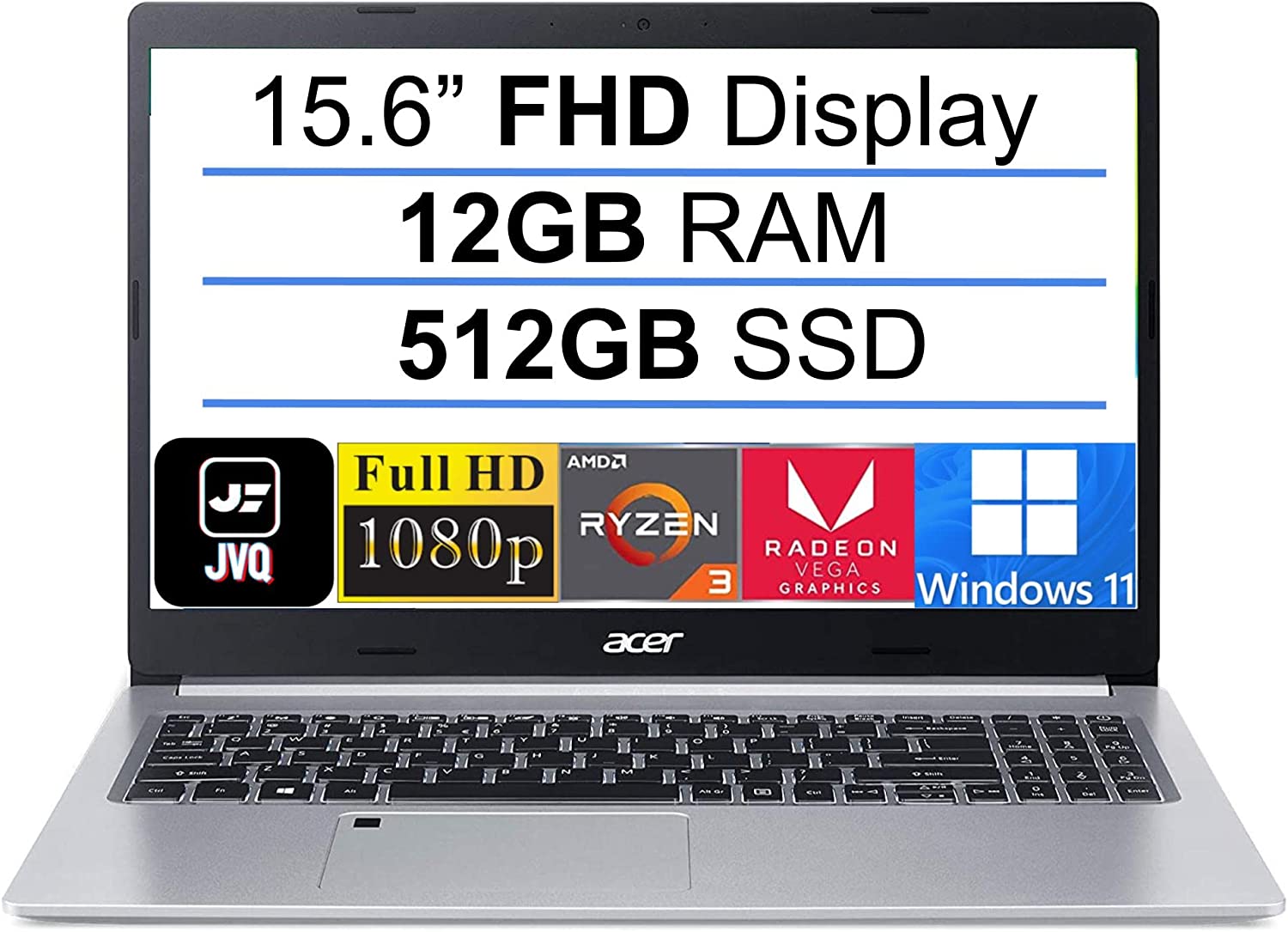 Acer 2022 Newest Aspire 5 Slim 15.6" FHD IPS Laptop, AMD Quad-Core Ryzen 3 3350U(Up to 3.5GHz,Beat i5-7200U), 12GB DDR4 RAM, 512GB SSD, WiFi 6, Backlit Keyboard, Fingerprint, HDMI, Windows 11+JVQ MP