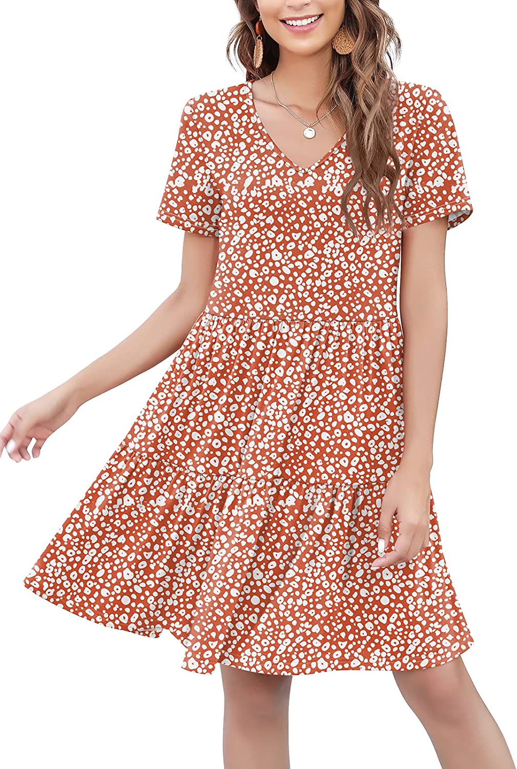 Arolina Women's Casual Swing Shift Dress Summer V Neck Short Sleeve Babydoll Ruffle Dress Tunic Dress