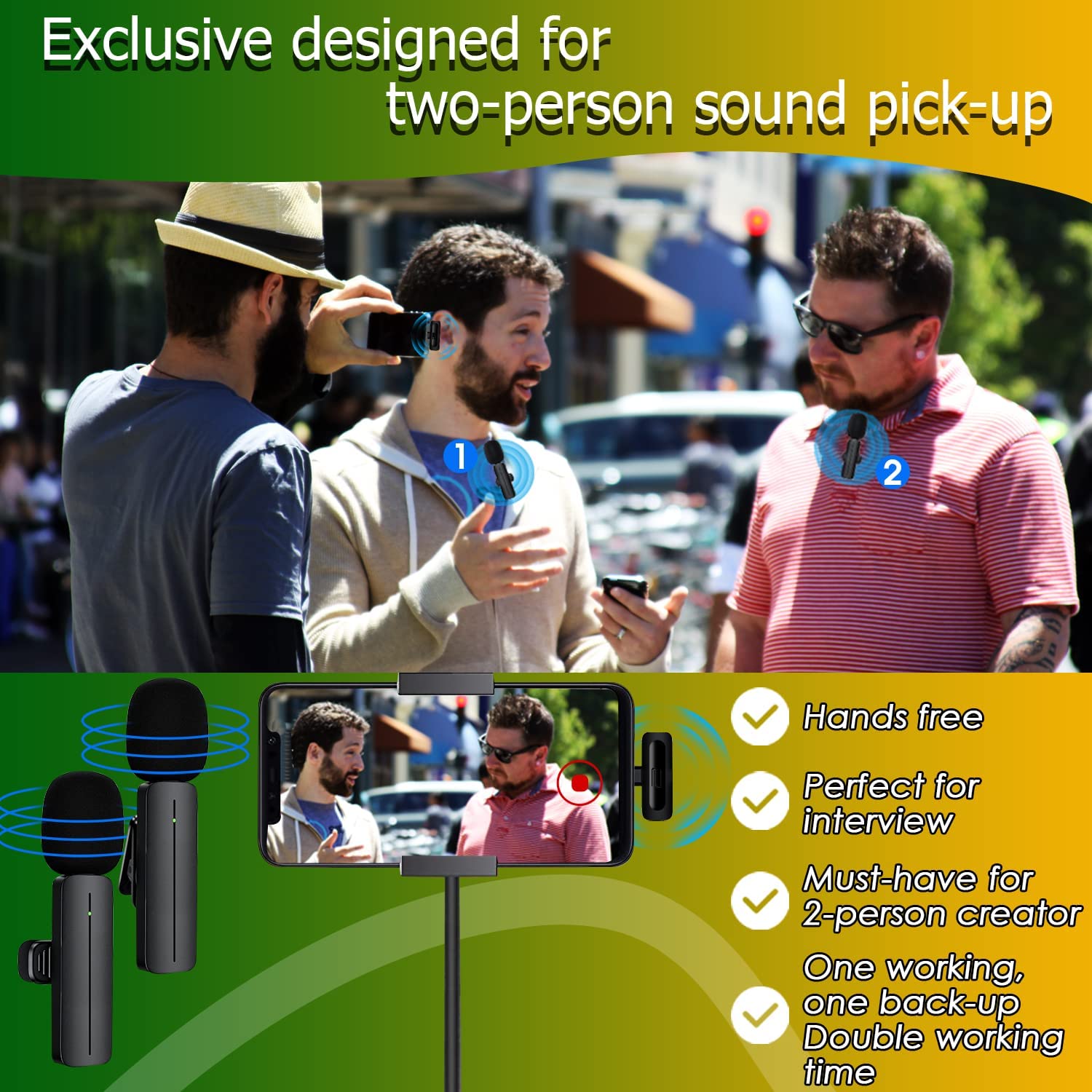 2 Pack Wireless Mini Lavalier Lapel Microphone for iPhone,iPad - Cordless Double Mics Plug and Pick-up 2.4G Ultra-Low Delay Built-in Noise Reduction Chip 5H Working Time for Two-Person Creator (Black)