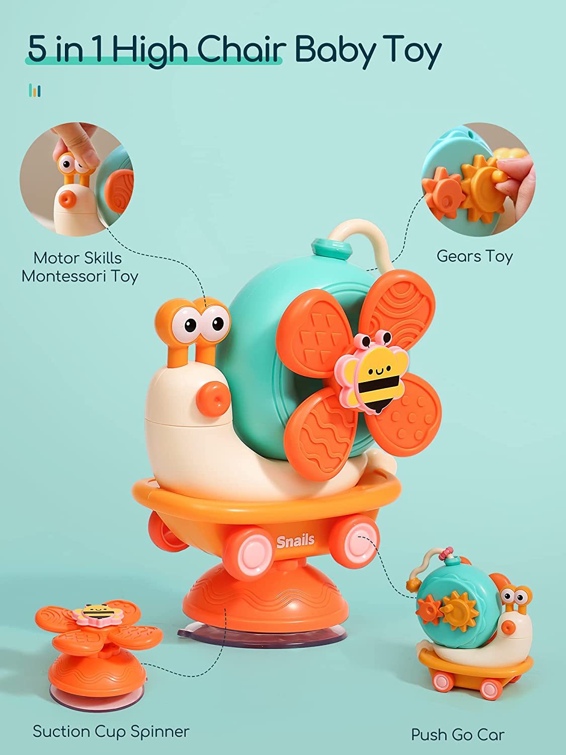 5-in-1 High Chair Toy with Suction Cups Spinner Toys for Baby Toy 6 to 12 Months,Infant Tray Strong Suction Cup Bath Sensory Fidget Toys for Boys Toddler Newborn Birthday Valentine Easter Gift
