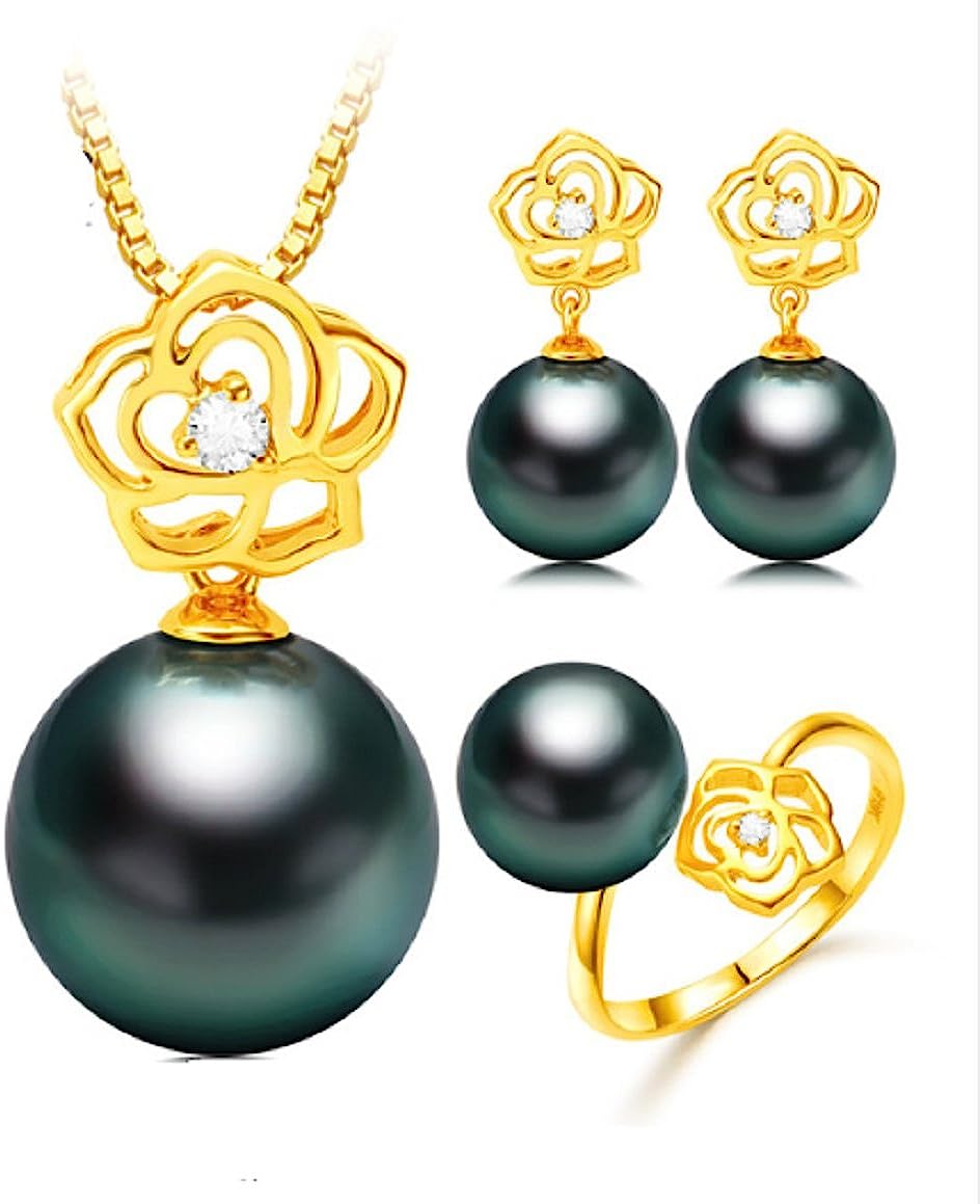 GOWE 18K Gold Rose Design Wedding Jewelry Set Tahitian/South sea Pearl Jewelry Set Pearl Pendant Earrings and Ring
