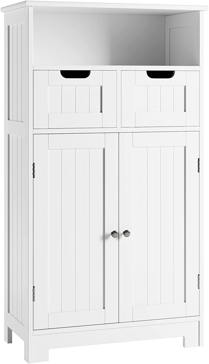 HORSTORS Bathroom Cabinet, Floor Storage Cabinet with 2 Doors and 2 Drawers, Free Standing Wooden Storage Organizer for Bathroom, Living Room, Hallway, White