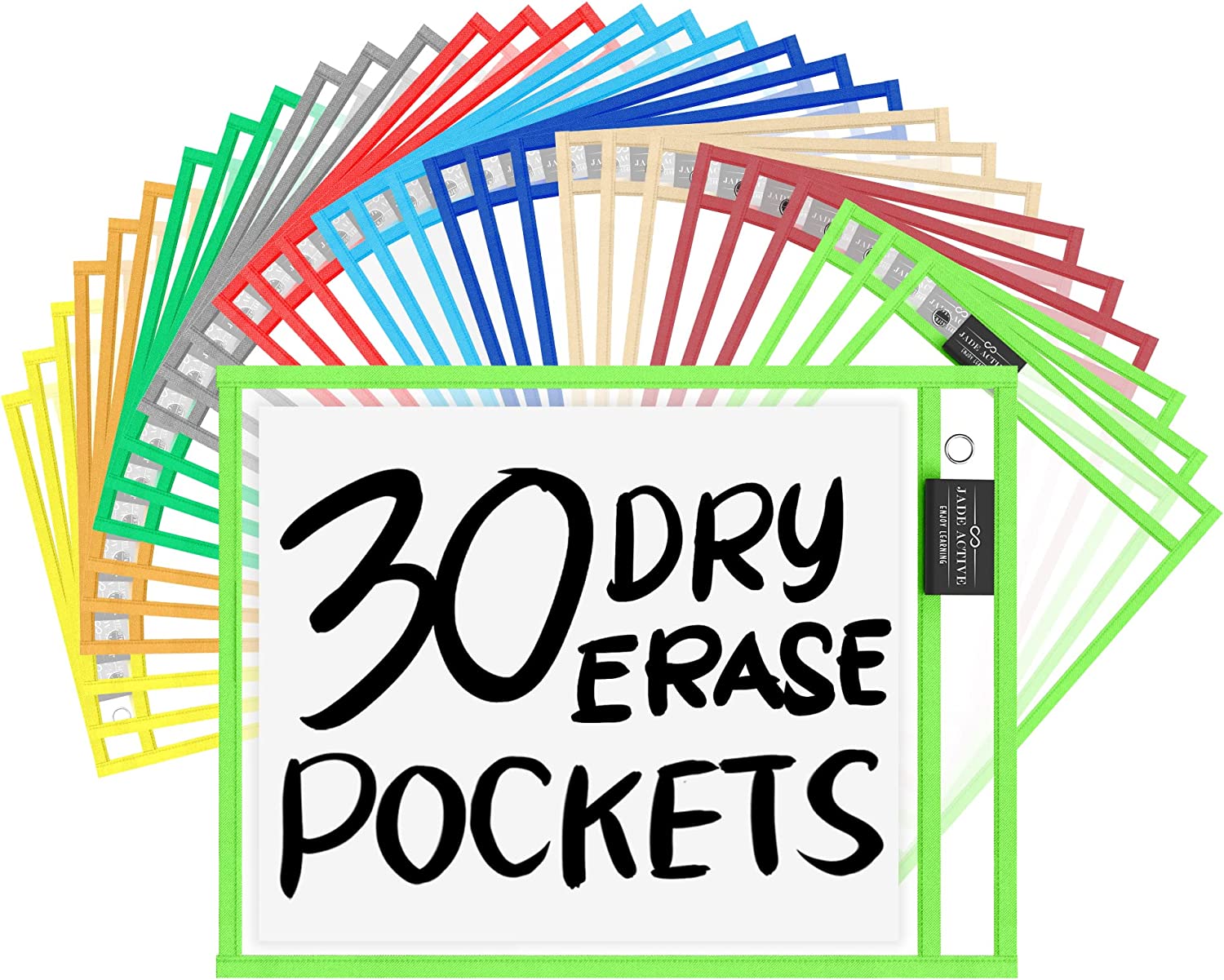 Pack of 30 Dry Erase Pockets with Ring, Size 10X13 Inches, Dry Erase Pocket Sleeves with Different Colors, Teacher Supplies, Organization for Classroom, Reusable Dry Erase Sheets Ticket Holder Pockets