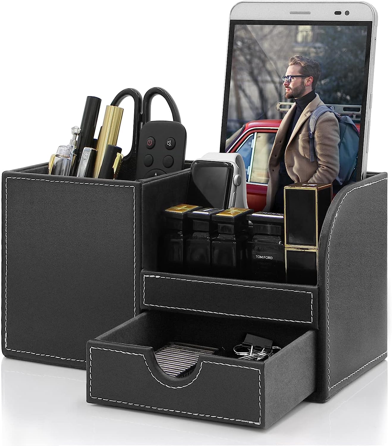 TooCust Leather Office Desk Organizer with Drawer, Multi-function Office Supplies for Desk Top Organizer,Black Mens Desk Accessories,Teacher Desk Organizer for Pen Pencil Holders and Organizers