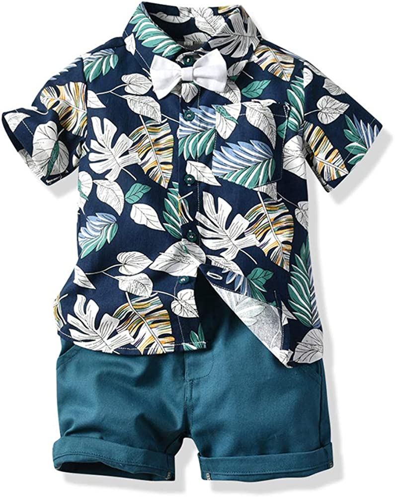 JunNeng Toddler Baby Boy Shorts Sets Hawaiian Outfit,Infant Kid Leave Floral Short Sleeve Shirt Top+shorts Suits