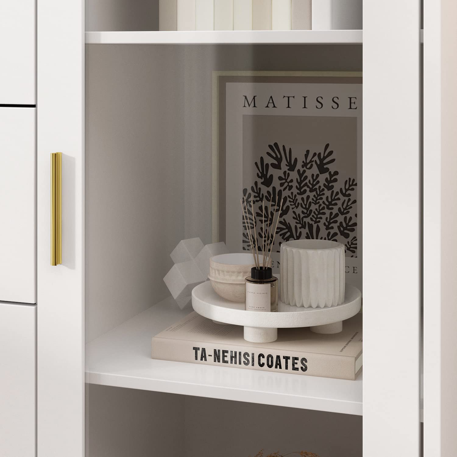 Homsee Storage Cabinet with 5 Drawers， Shelves &amp; Glass Door， Sideboard Buffet Cabinet with Metal Legs， Modern Wood Display Cabinet for Living Room， Bedroom &amp; Hallway， White (31.5”W x 15.7”D x 