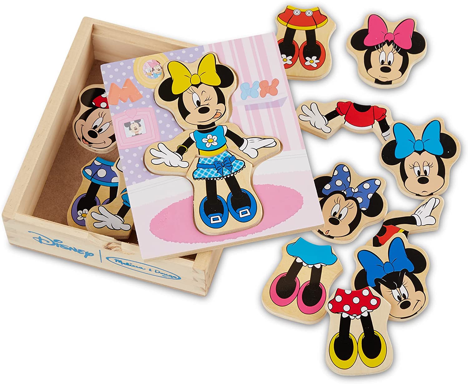 Melissa & Doug Disney Minnie Mouse Mix and Match Dress-Up Wooden Play Set (18 pcs) - Minnie Mouse Toys For Disney Fans, Minnie Mouse Fashion Puzzle Toy, Travel Toys For Kids Ages 3+