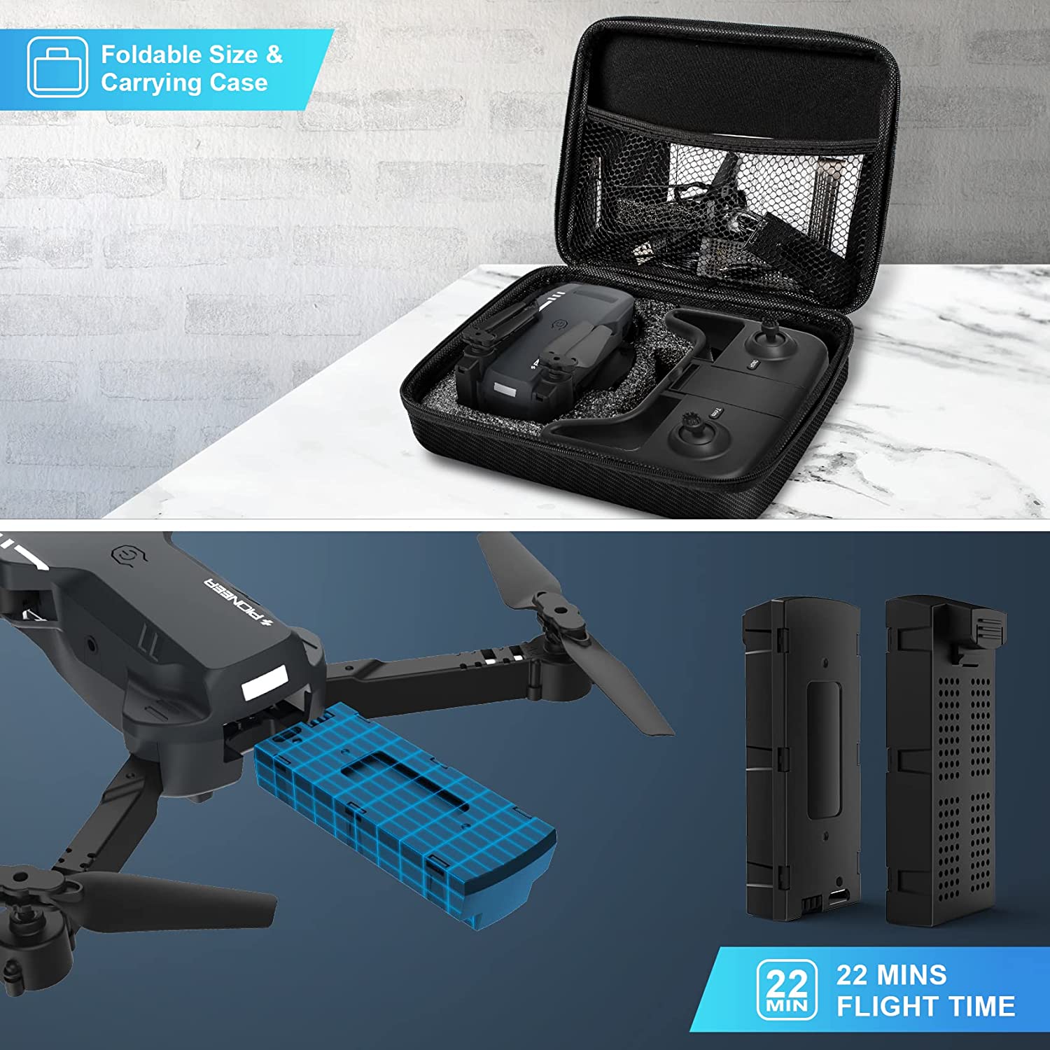 RADCLO Mini Drone with Camera - 1080P HD FPV Foldable Drone with Carrying Case, 2 Batteries, 90° Adjustable Lens, One Key Take Off/Land, Altitude Hold, 360° Flip, Toys Gifts for Kids and Adults