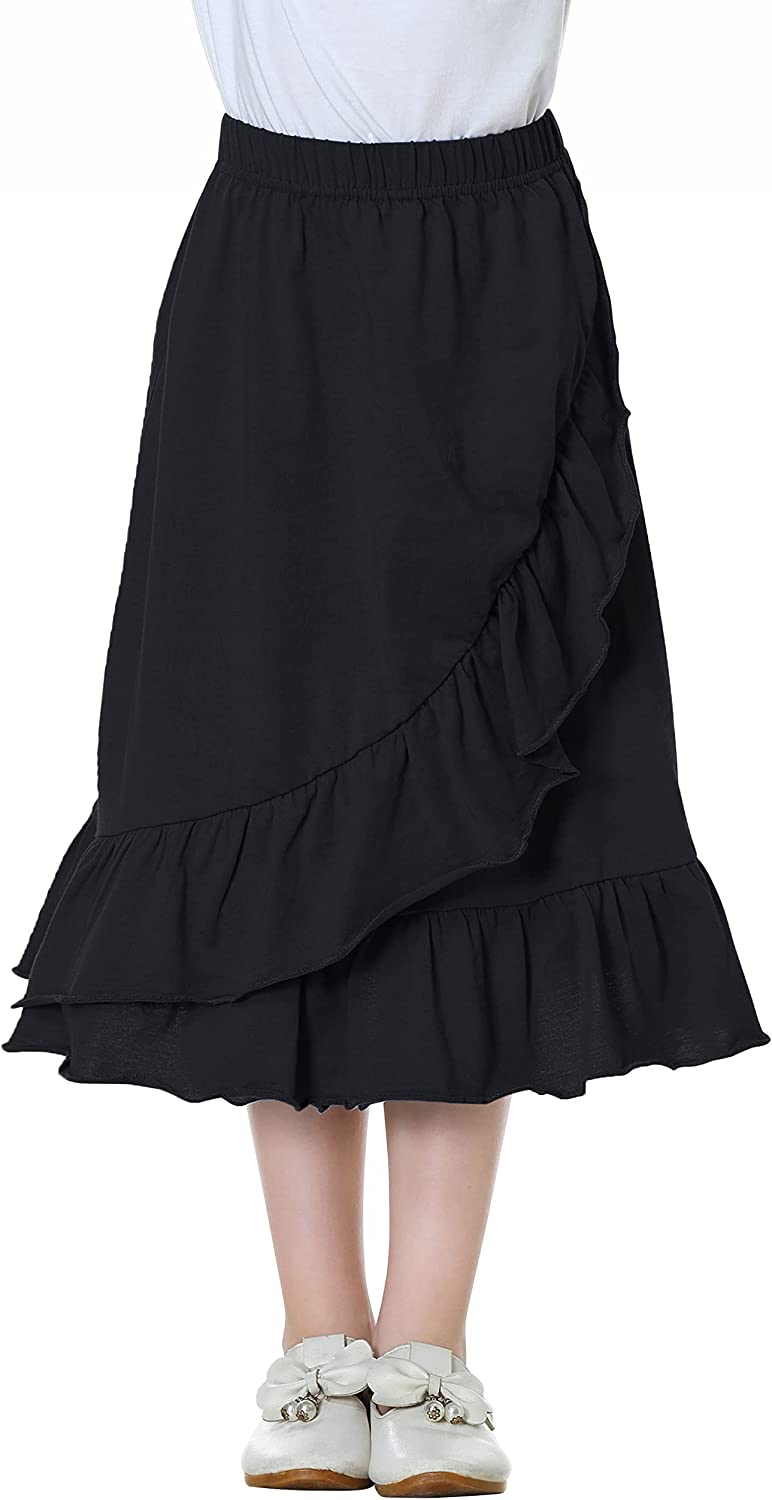 DOTDOG Girls' Tiered Ruffle Midi Skirts Soft Cotton Maxi Skirts with Waistband Waist for Girls 3-12 Years