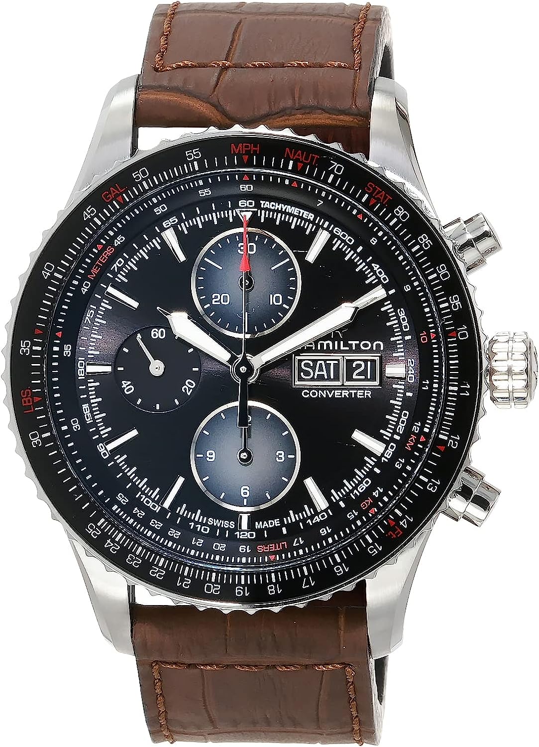 Hamilton Watch Khaki Aviation Converter Swiss Automatic Chronograph Watch 44mm Case, Black Dial, Brown Leather Strap (Model: H76726530)