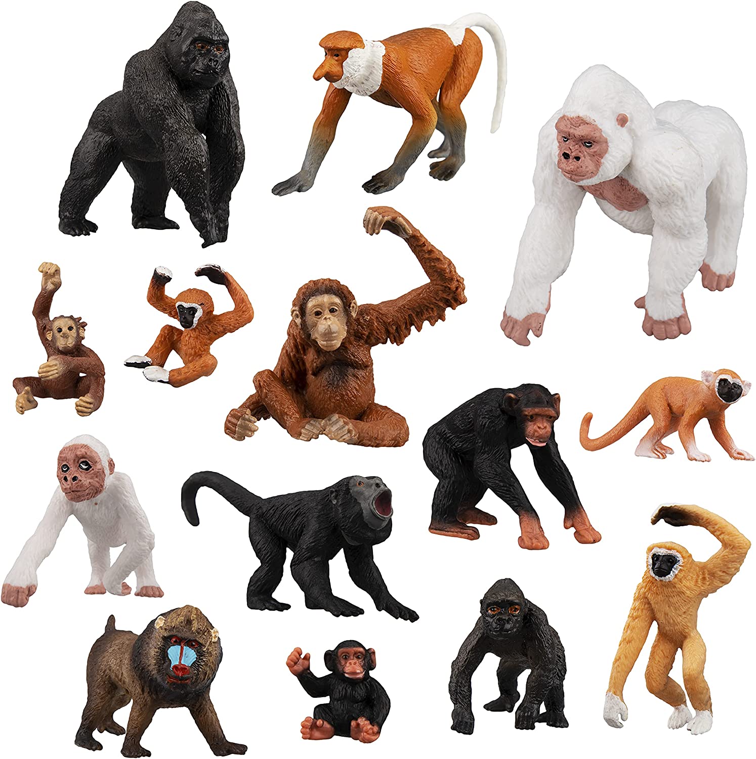 Toymany 14PCS Various Monkeys & Gorillas Figurines Playset, Plastic Jungle Animals Monkey Toy Set Included Chimpanzee Mandrill Gibbons, Cake Toppers Christmas Birthday Gift for Kids Todllers