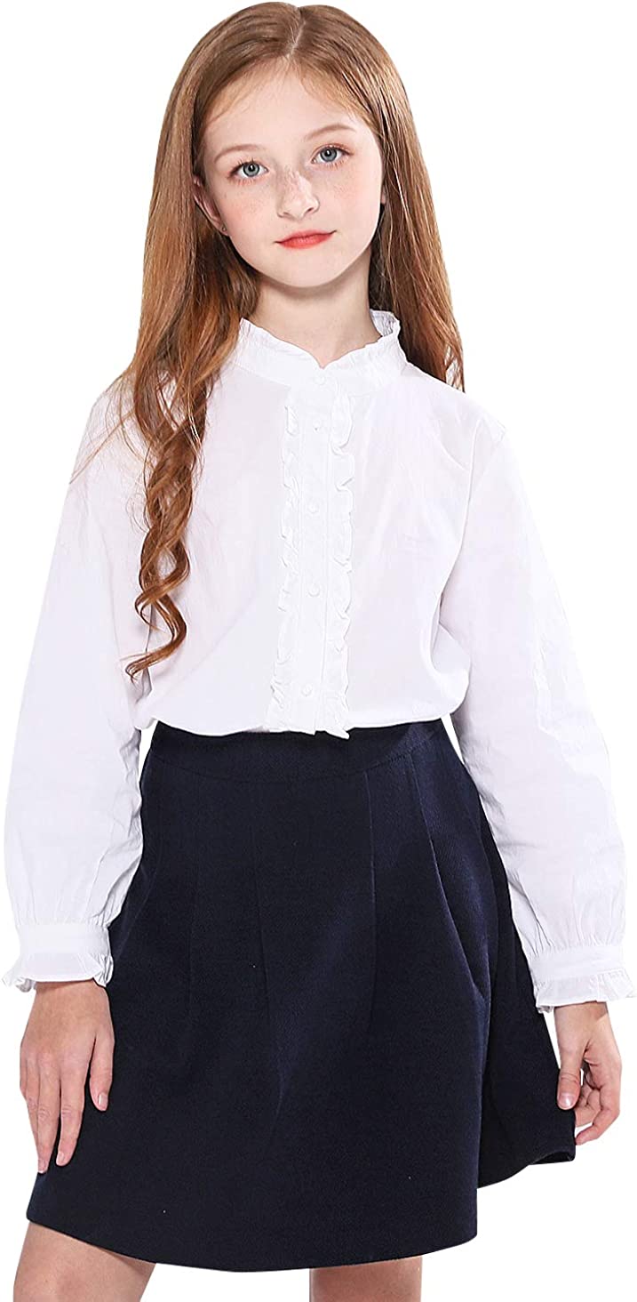 SOLOCOTE Girls White Blouse Ruffle Long Sleeve Button Down Shirts Princess Cotton Loose Soft Tops Spring and Summer 3-14Y