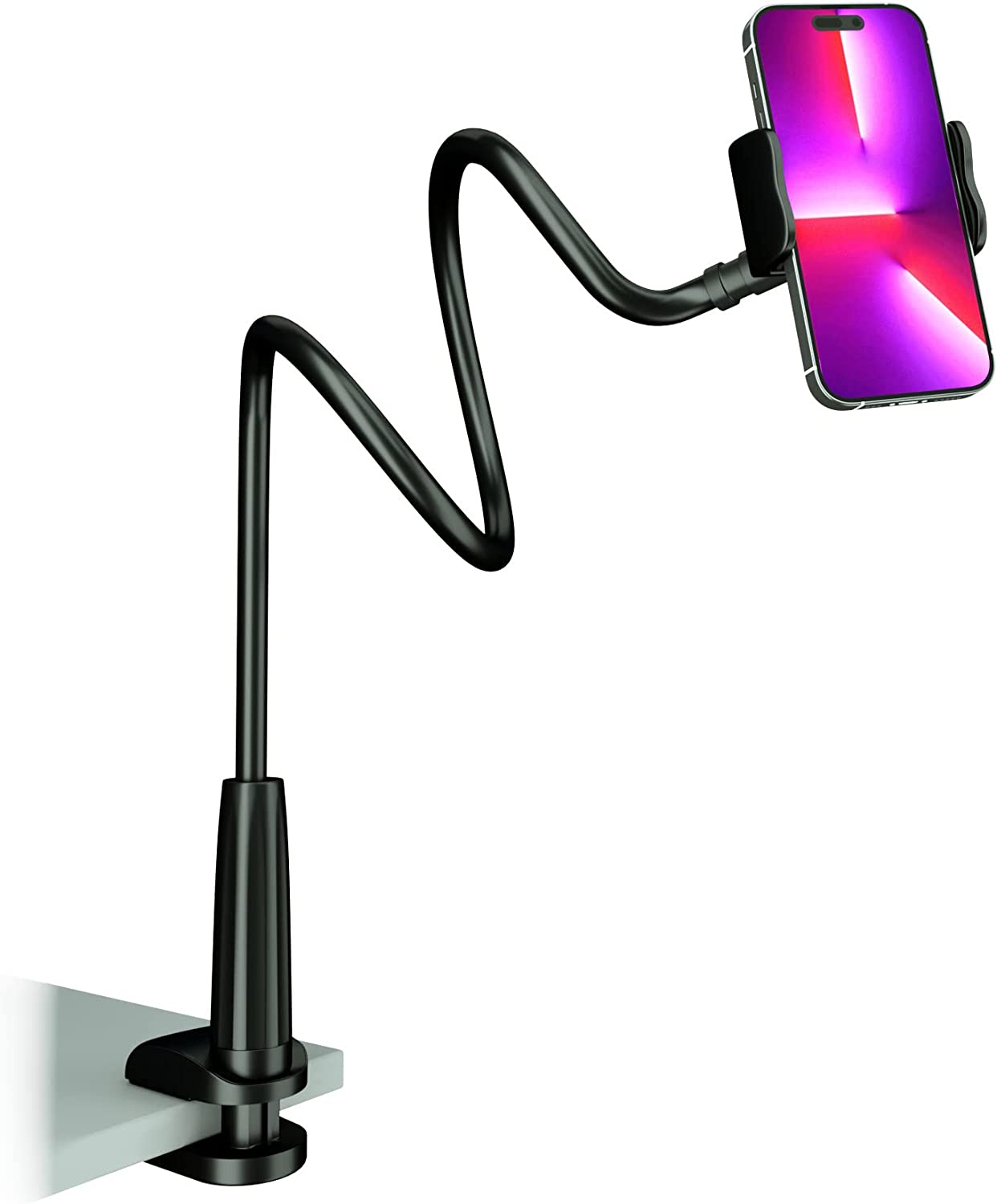 Cell Phone Clip on Stand Holder - with Grip Flexible Long Arm Gooseneck Bracket Mount Clamp for iPhone X/8/7/6/6s/5 Samsung S8/S7, used for bed, desktop, Black