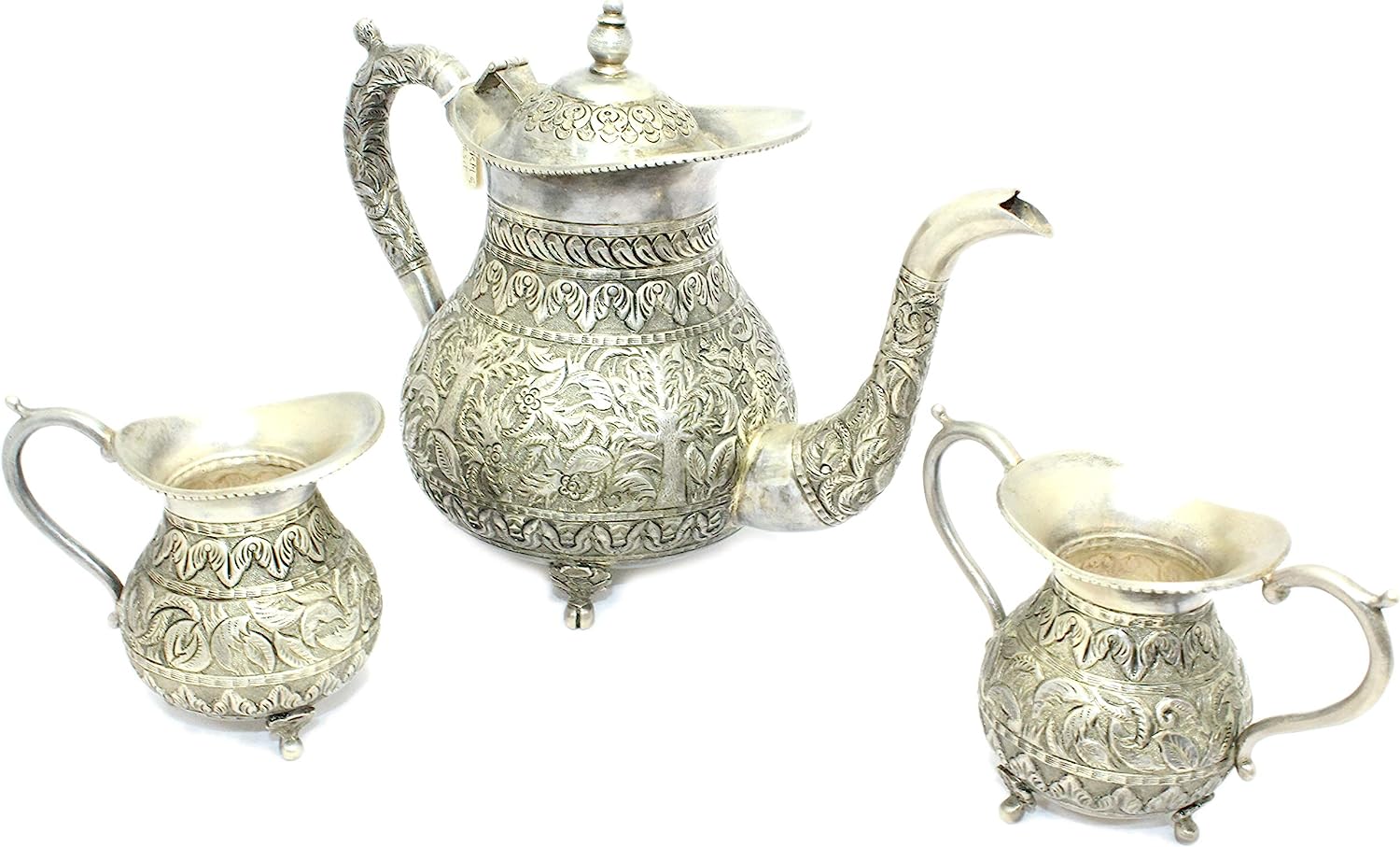 Rajasthan Gems 3 Pc/Set Tea Set Handmade Antique Alloyed Silver Tea Pot Milk Pot Sugar Pot - 1