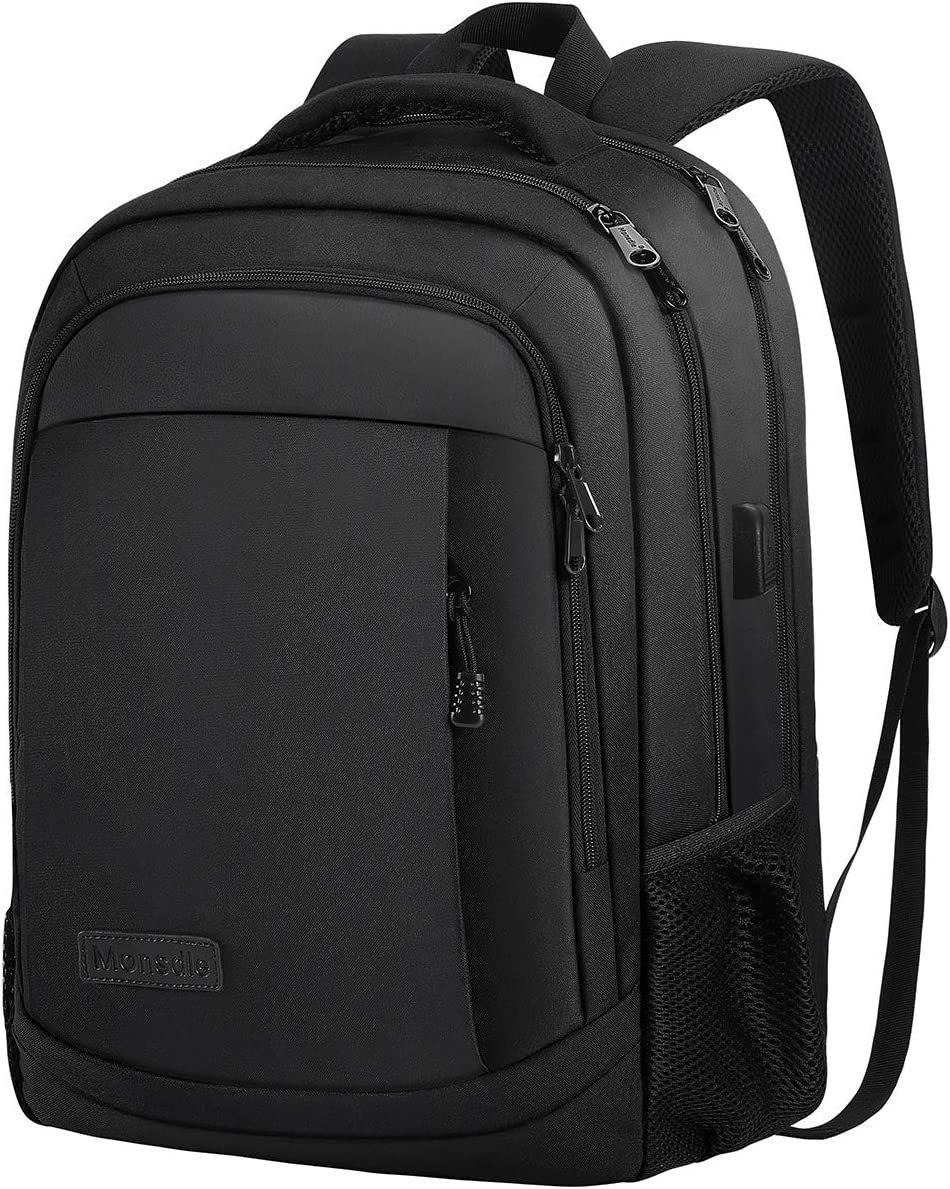 Monsdle Travel Laptop Backpack Anti Theft Water Resistant Backpacks School Computer Bookbag with USB Charging Port for Men Women College Students Fits 15.6 Inch Laptop (Black)