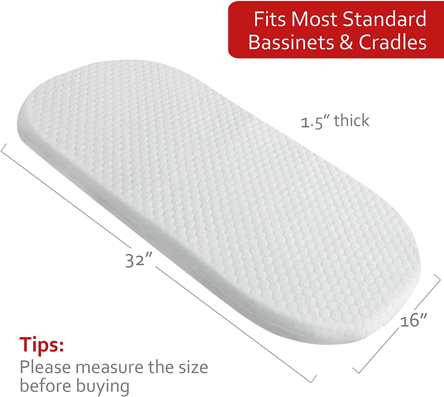 Baby Bassinet Mattress Topper with Waterproof Bamboo Cover 15" x 30" x 1.5", Breathable Oval Bassinet Mattress Pad Ultra Soft, Fit Many Cradle Brand and Style