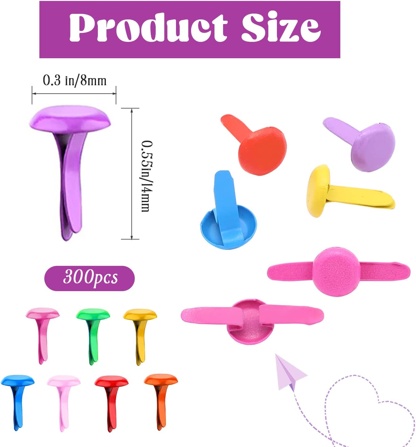 Metal Paper Fasteners Round Copper Fasteners 300pcs Split Pins Brads for Paper DIY Crafts Projects Decorative Scrapbooking Office Supplies 0.55x0.3inch (Multicolored)