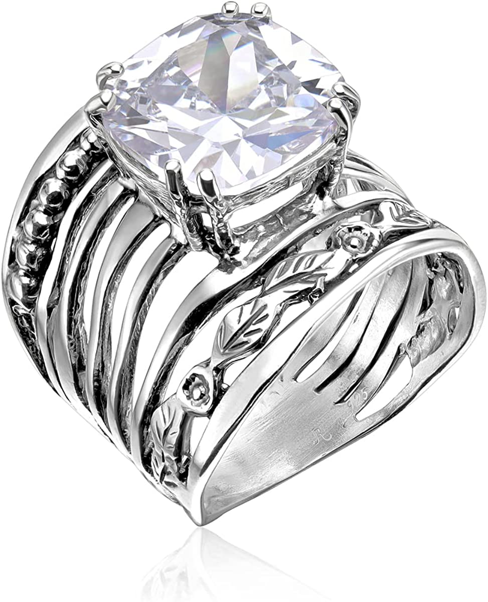 925 Sterling Silver Ring With a 12mm White Cushion Cubic Zirconia CTTW 13.2. Prong Hypoallergenic， Nickel and Lead-free， Facet Cut， Artisan Handcrafted Designer Collection， Made in Israel