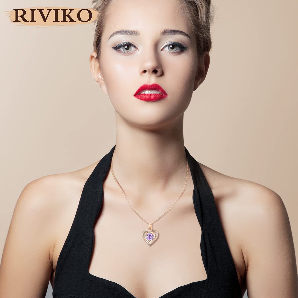 RIVIKO Heart Birthstone Pendant Necklace for Women 925 Sterling Silver Zirconia Necklaces Christmas Valentine's Mothers Day Jewelry Gifts For Girls Mother Wife