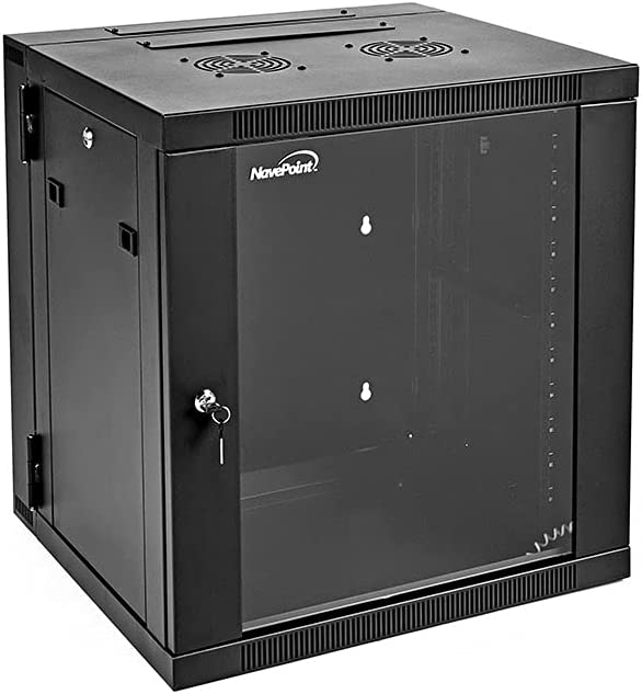 NavePoint 12U Wall-Mount Network Cabinet for 19" IT Equipment, A/V with Glass Door and Removable Side Panels, Locks, 2 Fans, 650mm Depth, Hinged Back